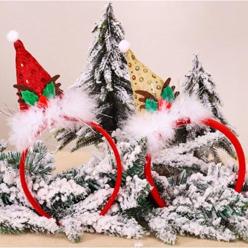 1pc Red Gold Sequins Xmas Cap Antlers Adult Kids Christmas Headbands Hairpin Cartoon Christmas Hair Hoop New Year Party Decor