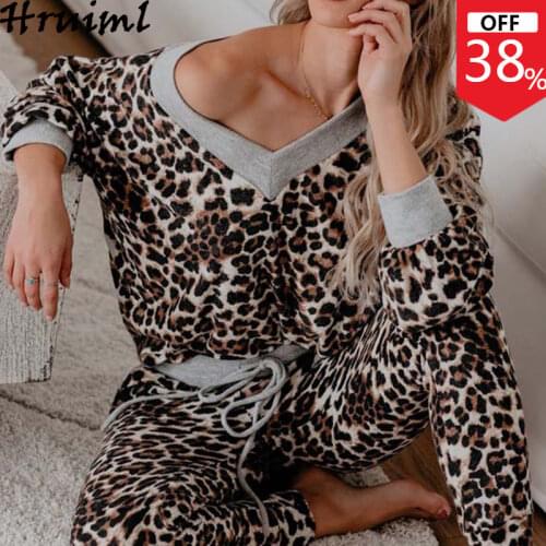 Sexy Leopard Print Tracksuit Two Piece Outfits for Women Sets Long Sleeve V Neck Tops Drawstring Pants Streetwear Lounge Wear