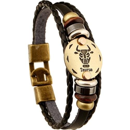 Charm Vintage 12 Zodiac Taurus Bronze Alloy Leather Bracelet Punk jewelry For Women & Men Multilayer Easy Buckles FS001-4