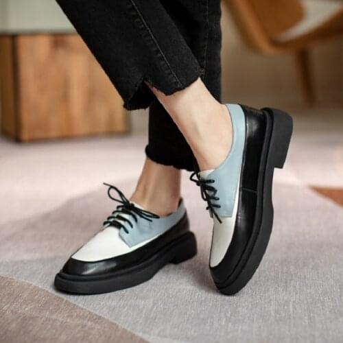 2021 Spring/Autumn Women Shoes Genuine Leather Round Toe Lace Up Platform Shoes Color Mixed Thick Heel Flats for Women Sneakers