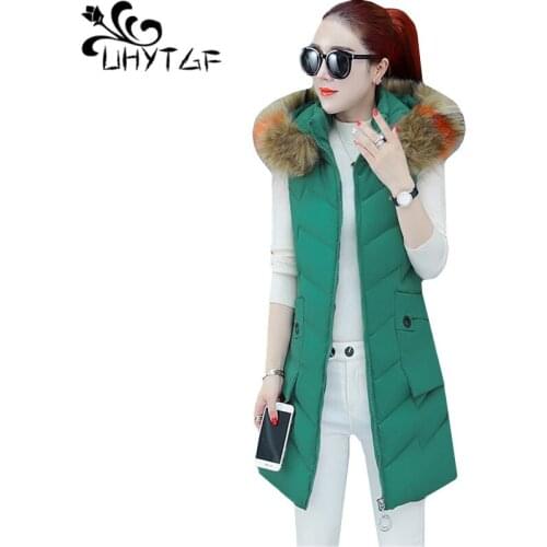 UHYTGF vests for women Casual down jacket winter vest coats Fur collar hooded student warm Cotton vest waistcoat plus size 514