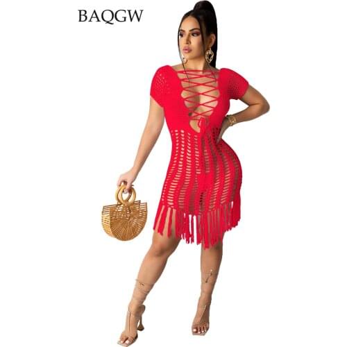 Crochet Knitted Tassel Beach Tassel Dress Women Sexy Hollow Out Short Sleeve Swimwear Cover Fishnet Tunic Front Back Both Wear