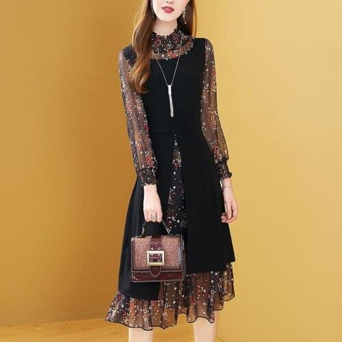 Large Size Womens Clothing Autumn Summer New Fake Two-Piece Chiffon Floral Dress Woman Dresses Vestido De Mujer Femme Robe