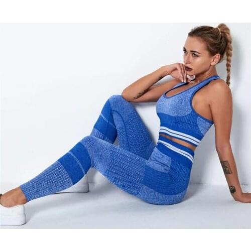 2021 Women Striped Knitted Yoga Sets 2 Pcs Mesh Cropped Top Sexy Bra Push Up Leggings Fitness Suit Running Seamless Yoga Suits