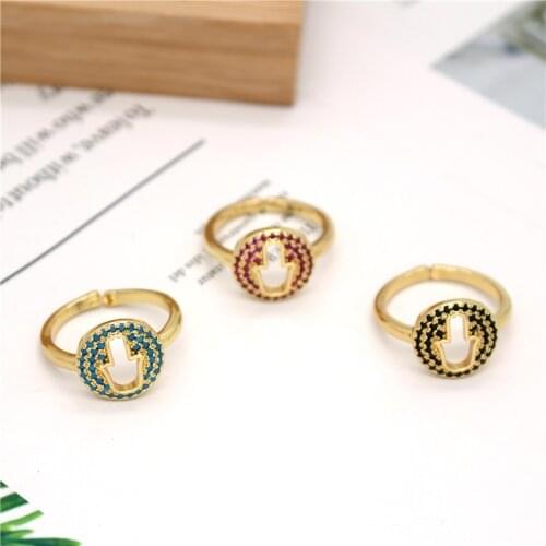 1PC Multicolor Zircon Hollow Fatima Hand Round Ring For Women Vintage Turkish Hamsa Hand Metal Open Finger Ring Jewelry R291
