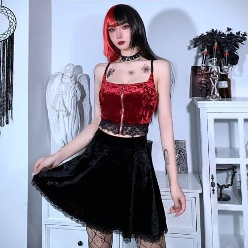 2021 WomenS Skirt High Waist Pure Color Lace Stitching Mini Skating Skirt Trim Flared Skirt Gothic Dark Black Personality Black
