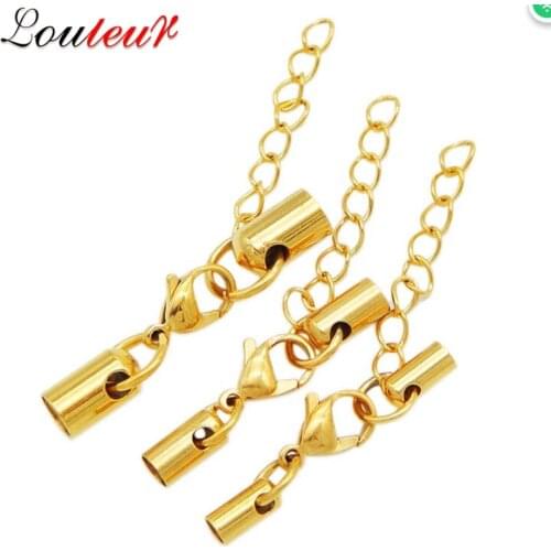 LOULEUR 5sets 3mm 4mm 5mm Stainless Steel Lobster Clasp Leather Cord Bracelet With Extended Chain Connectors For Jewelry Making