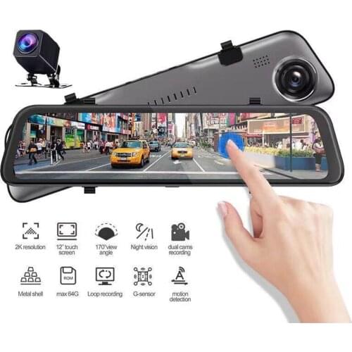 Car DVR 12 Inches DashCam Stream Media RearView Mirror 2K Night Vision Video Recorder Auto Registrar 1080P Rear View Dash Camera