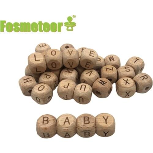Fosmeteor Teething Accessories 100pc Square Shape Beech Wood Letter Beads Crib Toy 12mm Teething DIY Jewelry Beads Baby Teether