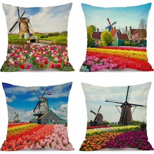 XUNYU Windmill Pillow Case Sofa Square Decorative Pillow Cover Linen Cushion Cover 45X45cm AC141