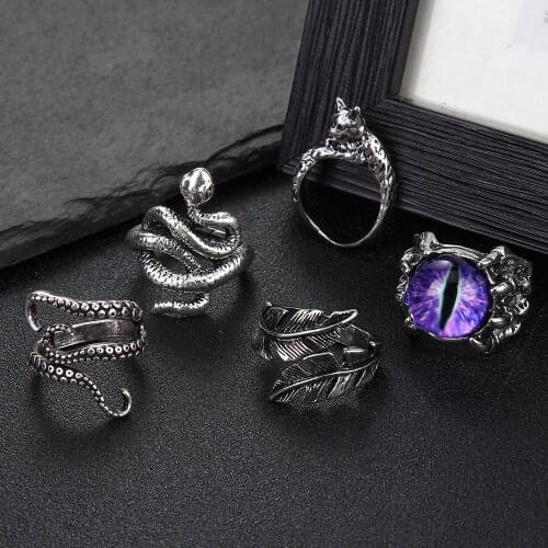 Retro Punk Snake Ring Set Women Hip Hop Viper Dragon Eyes Opening Ring Men Jewelry Gothic Skull Demon Emo Style Christian Rings