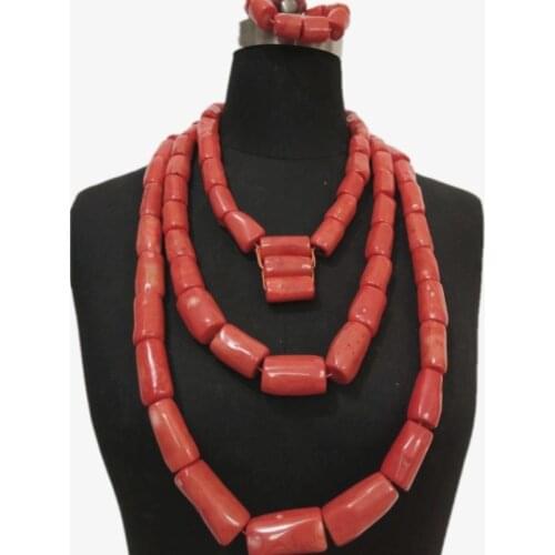 4UJewelry 13mm-20mm Bridal Jewelry Set Wedding Orange 100% Genuine Coral Beads Jewelry Set For Bride Women 3 Layers Pendant Set With bracelet and Earrings Indian Jewellery Set
