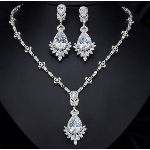 Zlxgirl Brand Water drop cubic zircon Wedding necklace with Earring jewelry Sets Silver Color Necklace Sets Wedding Jewelry set