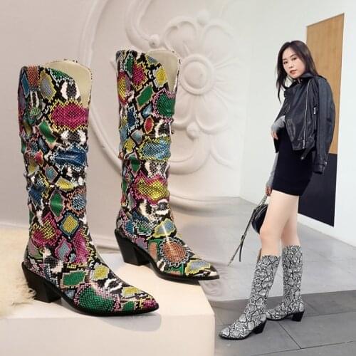 Western Cowboy Knee High Boots Snake Print Women Boots Fashion Thick Heel Pleated High Heel Long Boots Autumn Winter Woman Shoes