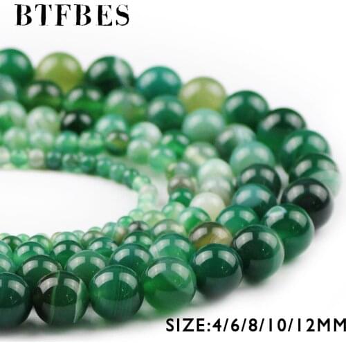 BTFBES AAA Natural Stone Green Stripe Banded Carnelian Beads 4 6 8 10 12MM Onyx Round Loose Bead For Jewelry Bracelet Making DIY