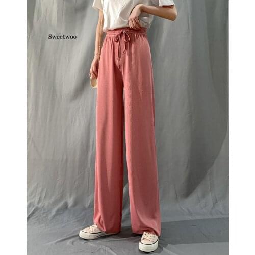 Summer Casual Elastic Wide Leg Pants Women High Waist Vintage Black Knitted Long Pant Drawstring Loose Trousers Woman