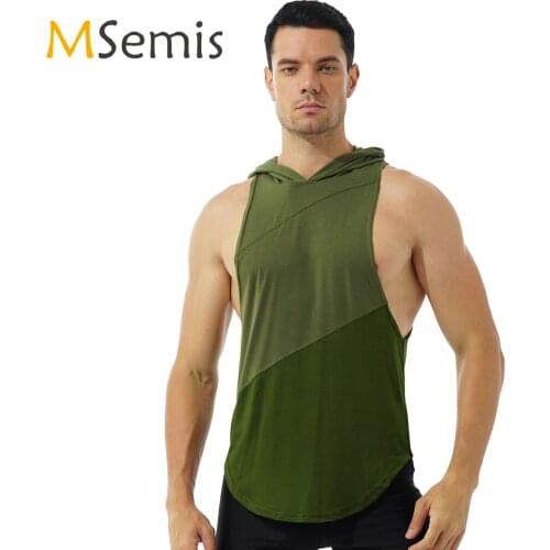 Mens Gym Fitness Vest Hooded Tank Top Breathable Patchwork Sleeveless Hoodie Running Sportswear Workout Bodybuilding Vest Tops