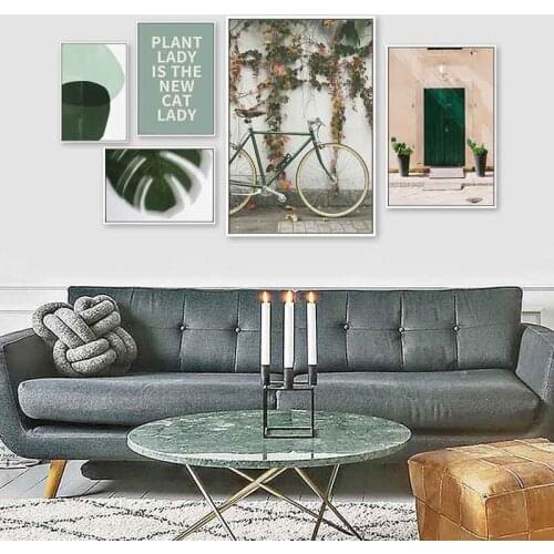Scandinavian Wall Art Canvas Poster Green Plant Gate Bicycle Print Painting Nordic Landscape Decoration Picture For Home Decor