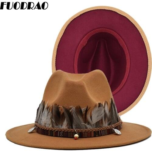 FUODRAO New Fashion Double Color Fedora For Women Feather Panama Gamble Wide Brim Wool Jazz Cap Classic Cowboy Hat F49