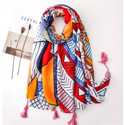 2019 New Cotton Geometry Print Tassel Scarves Shawl Trendy Long Geometric Print Wrap Hijab Muffler Free Shipping