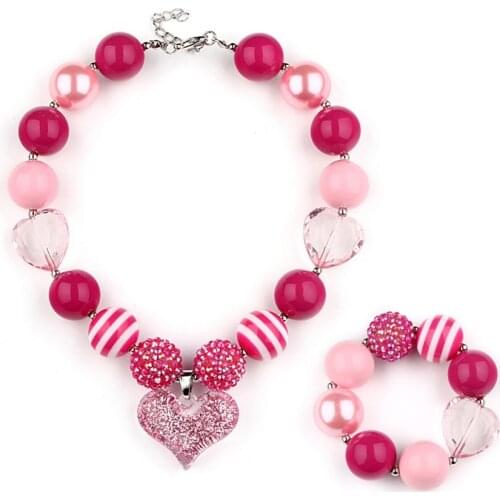 NEW Fashion Toddler Girls Pink Heart Pendant Chunky Necklace Bracelet Kids Jewelry Sets Valentines Day Gift For Child Girl