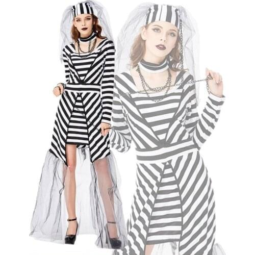 New Black And White Stripe Prisoner Bride Costume For Halloween Stage Performance Women Cosplay Veil Bride Dress