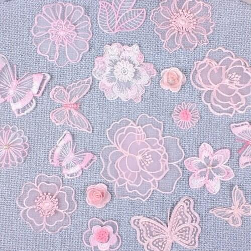Pink Transparent Lace Iron on Patches for Clothing Dress Rose Flower Butterfly Embroidered Applique DIY Stripes Clothes Sticker