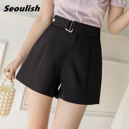 Seoulish 2021 New Button Formal Womens Shorts High Waist Office Casual Solid Workwear Female Wide Leg Shorts Spring Summer