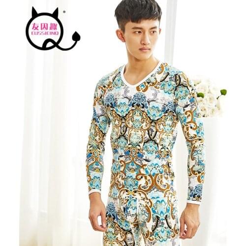 Mens Low-waistline Autumn Thin Mens Thermal Underwear Suit Ethnic Printing Base Sets Long Johns (for A Set)