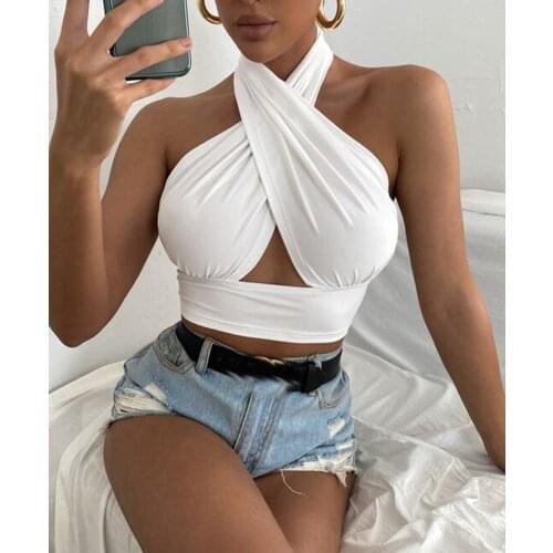 New Women Summer Tank Tops Solid Color Cross Halter Cut Out Front Tube Tops Chic Lady Backless Crop Tops 4 Colors