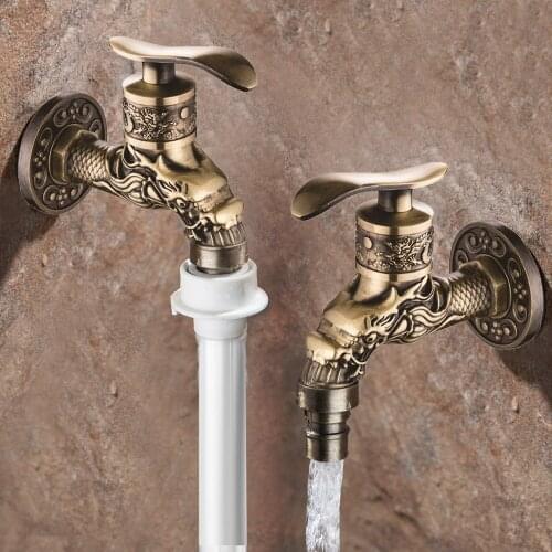 Retro Carved Copper Tap Lengthen Wall Mount Washing Machine Faucet Luxury Dragon Pattern Outdoor Garden Bathroom Mop Sink Faucet