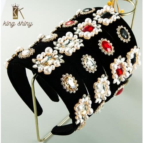 Vintage Baroque Colorful Crystal Headband for Woman Elegant Simulated Pearl Black Velvet Hairband Female Party Hair Accessories