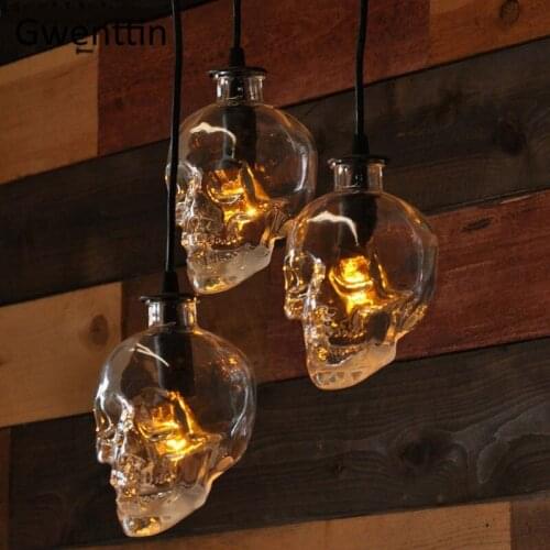 Vintage Skull Pendant Lights Glass Bottle Led Hanging Lamp for Living Room Loft Industrial Home Decor Luminaire Lighting Fixture