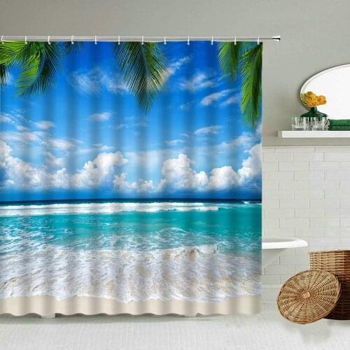 Ocean Beach Scenery Shower Curtain Blue Sky White Clouds Sea Waves Natural Landscape Bathroom Decor Palm Trees Summer Curtains