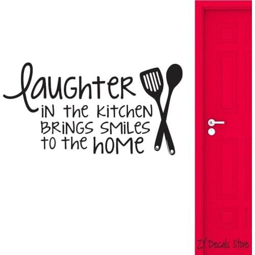 Laughter in the Kitchen Brings Smiles Wall Decals Kitchen Quote Wall Stickers Cute Cartoon Spoon Wall Decor L558