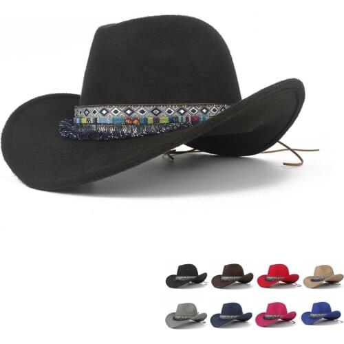 Women Wool Hollow Western Cowboy Hat Roll-up Brim Elegant Lady Outblack Sombrero Hombre Jazz Cap Size 56-58