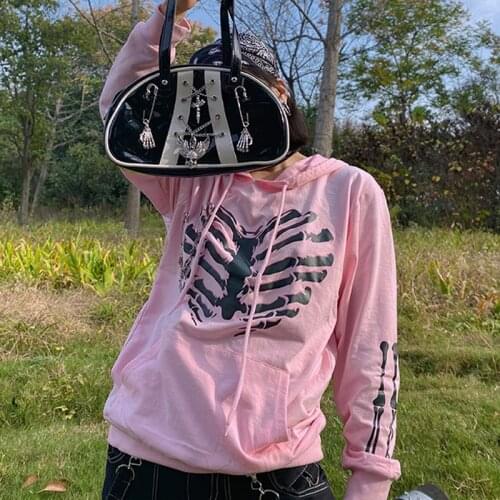 Goth Y2K Aesthetic Women Hoodies with Pockets 90s Vintage Skeleton Print Tops Clothes E-girl 2021 harajuku Oversized hoodie