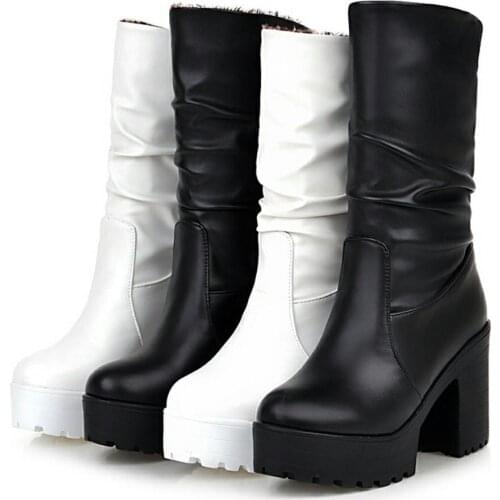 New Solid Square High Heels Round Toe Platform Shoes For Women Casual Winter Boots Female Large Size 34-46