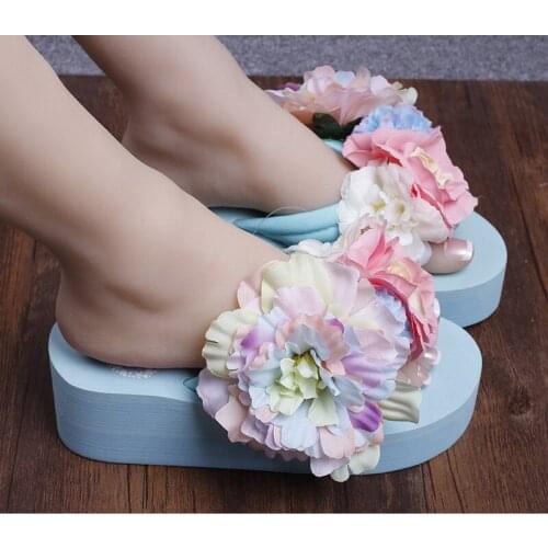 2019 Summer New Handmade Flowers Platform High Heel Shoes Online Holiday Beach Slippers Female Wedges Flip Flop Sandals