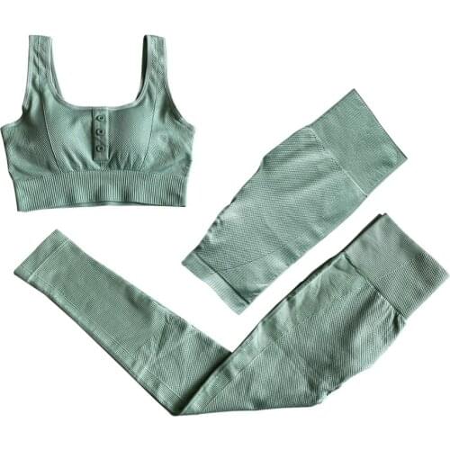 3 Pieces Women Gym Sports Suits Buttons Bra High Waist push up Fitness Leggings Sportswear Workout outfits Seamless Yoga Set