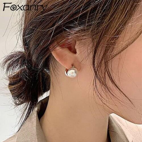 Foxanry 925 Sterling Silver Pearl Stud Earrings for Women France Trendy Vintage 3D Balls Elegant Wedding Bride Jewelry Gifts