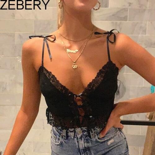 ZEBERY Goth Aesthetic Lace Crop Tops Women Back Zip Up Dark Academia E Girl Clothes Y2K V Neck Sexy Cami Top 2021
