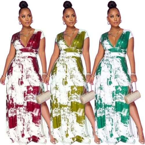 European and American womens fashion printing V-neck plane sleeves pleated side slit dress womens nightclub