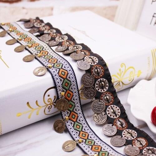 1 Yard Embroidery Vintage Ethnic Lace Ribbon Tassel Fringe Trim Metal Charms DIY Sewing Garment Shoes Bag Materials Accessory