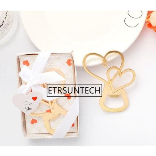 100pcs Double Heart Style Beer Bottle Opener with Retail Box for Wedding Party Gift Favors Barware Tool