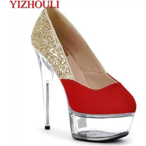 15 cm, sequined gold heels ladies, transparent stilettos, autumn Dance Shoes