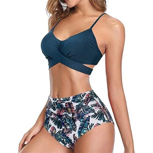 2021 Bikinis Two-Piece Bathing Suit Solid Color Spaghetti Strap Bikini Tops+ Leopard Print Bikini Panties Ladies Swimwear