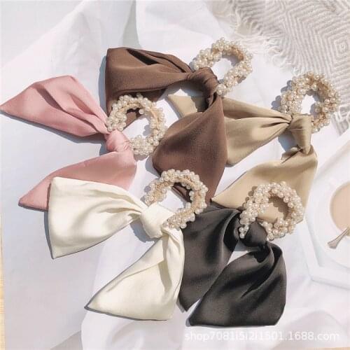 2021 New French Style Silk Scarf Ribbon Imitation Pearl Rubber Band Hair Rope Sweet Girl Women Fashion Ponytail Hair Accessories