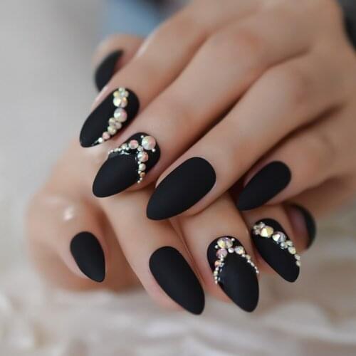 Matte Customize Almond Fake Nails Artificial Rhinestone Designed Nails 3D Gem Chic Women White Black 24PCS