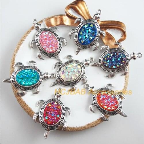 New 7Pcs Tibetan Silver Tone Retro Tortoise Mixed Oval Resin Charms Pendants 27.5x41.5mm